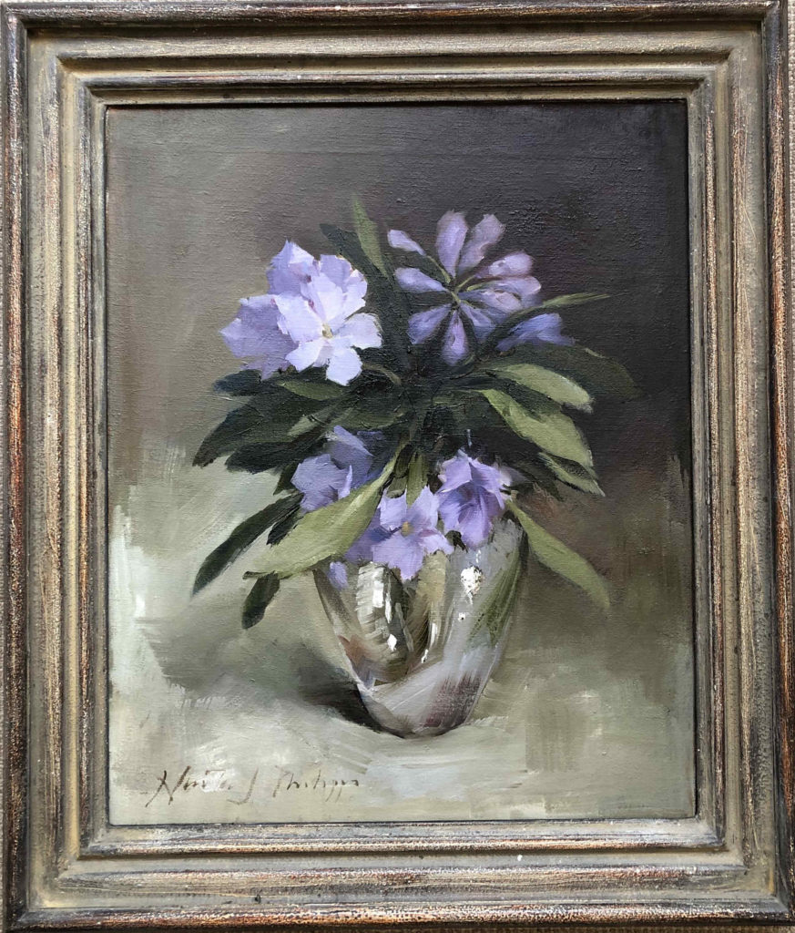 Nicky Philipps - Rhododendrons in a silver vase
