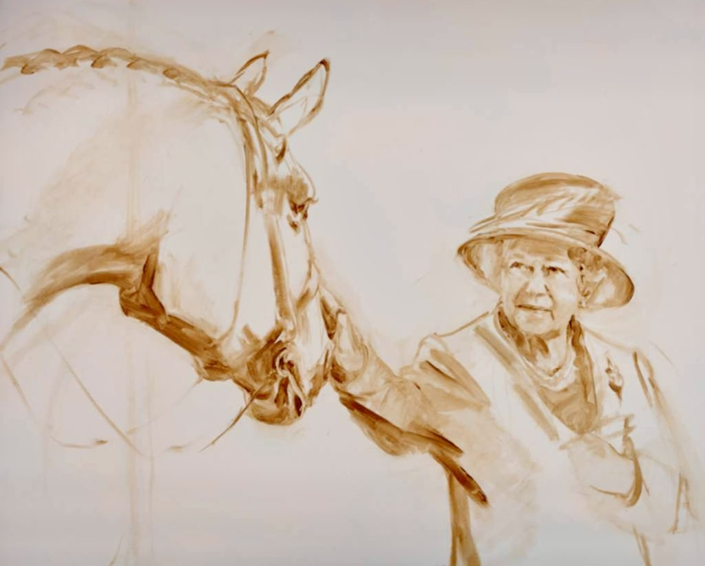 Paul Penney - Her Majesty The Queen with her Thoroughbred, Estimate ( working sketch) 2015