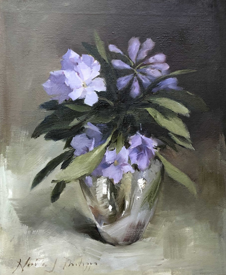 Nicky Philipps - Rhododendrons in a silver vase