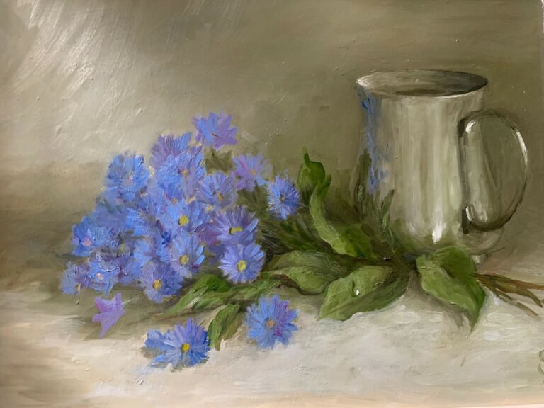 Susie Philipps - Blue Michaelmas Daisies and Silver Tankard