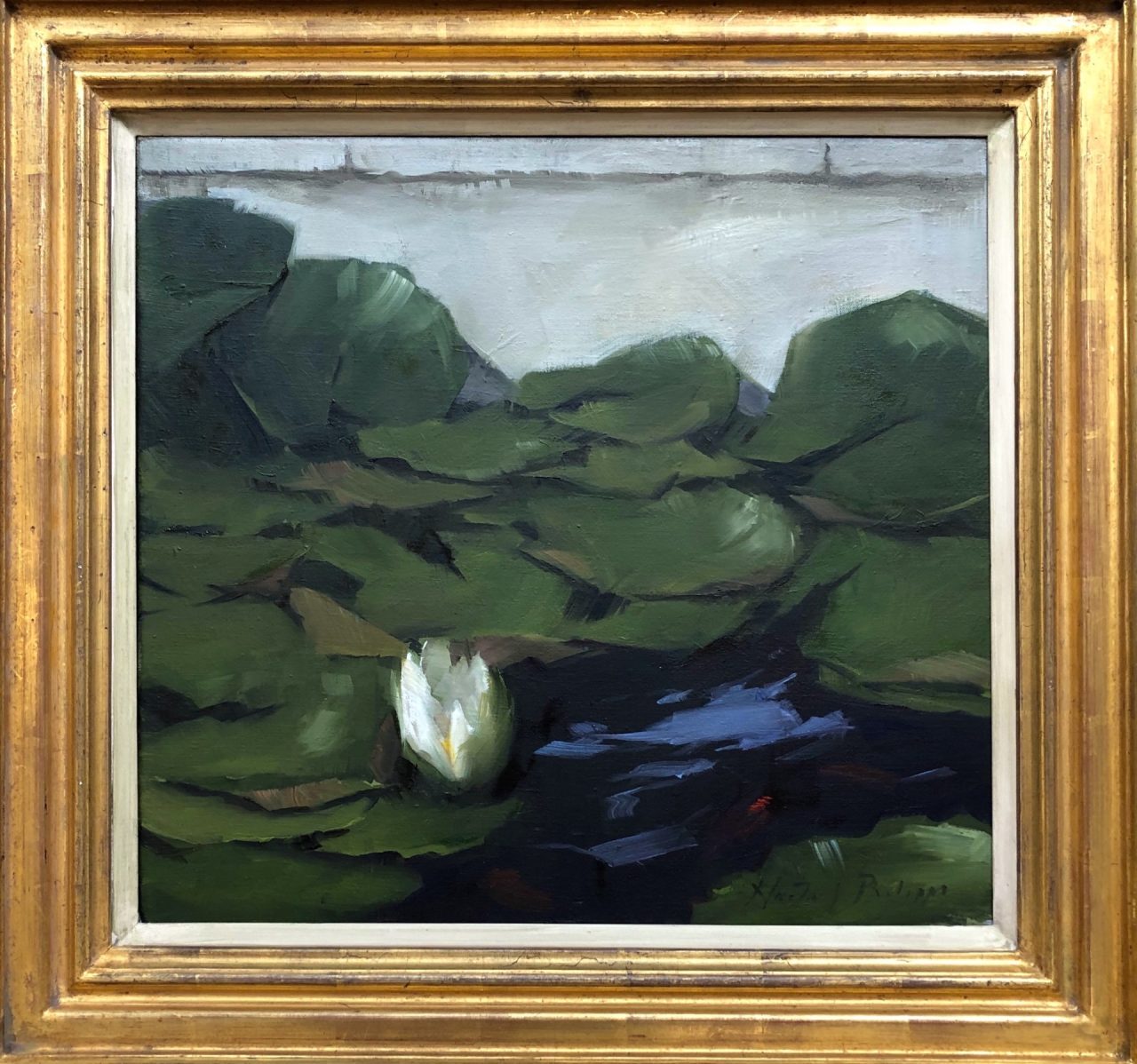 Philipps, Nicky - Evening light on waterlilies, 2020, 18 x 20 in, 45.5 x 51 cm framed 24 12 x 26 12, 62 x 66.5 cm Philipps, Nicky - Evening light on waterlilies, 2020, 18 x 20 in, 45.5 x 51 cm framed 24 12 x 26 12, 62 x 66.5 cm